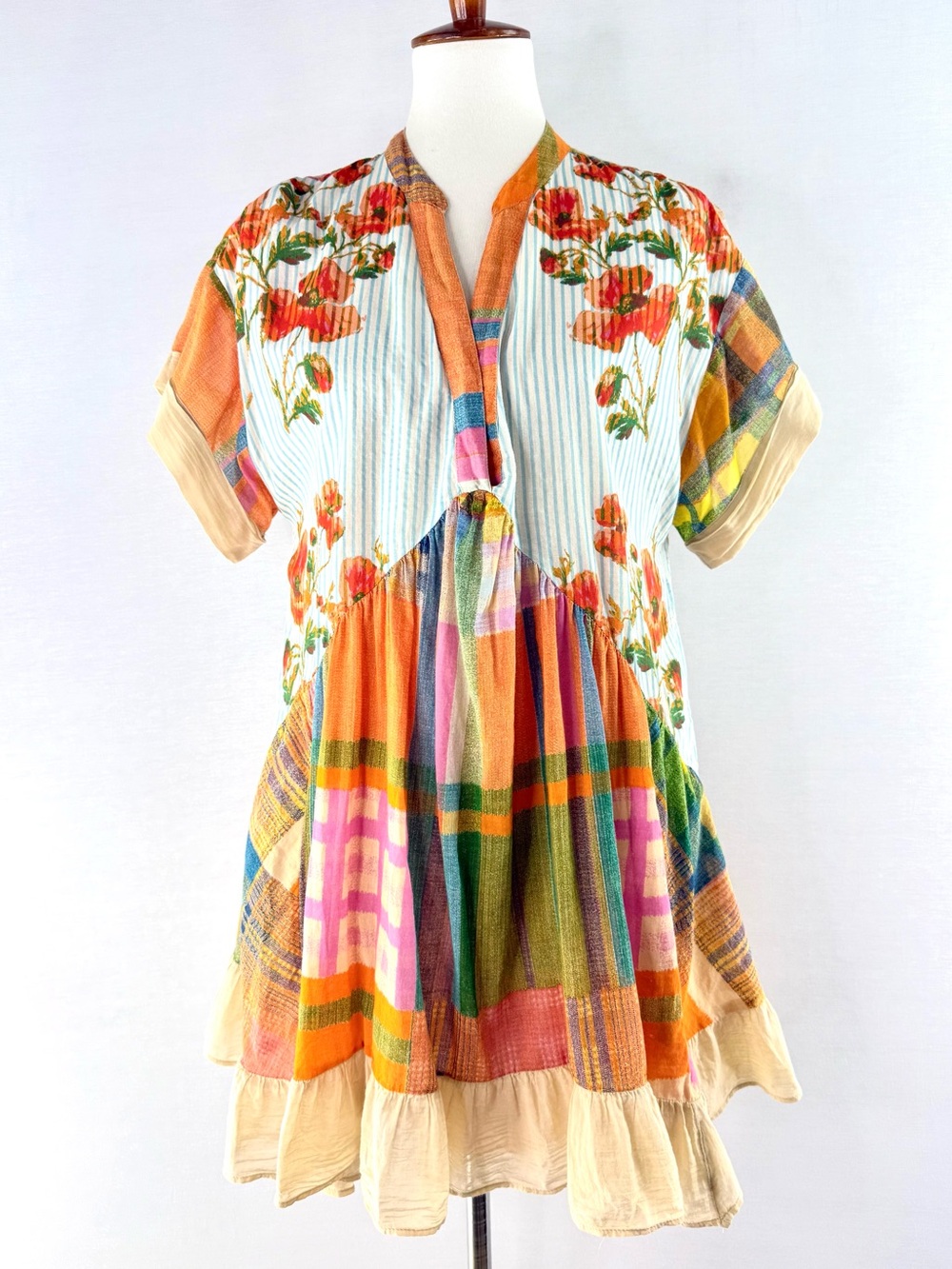 Free People Printed Agnes Multicolor Floral & Plaid Patchwork Mini Dress